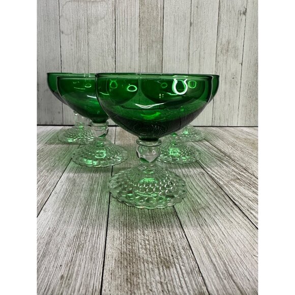 Vtg Anchor Hocking Forest Green Sherbet Clear Bubble Base Set of 5 Champagne - Picture 8 of 12
